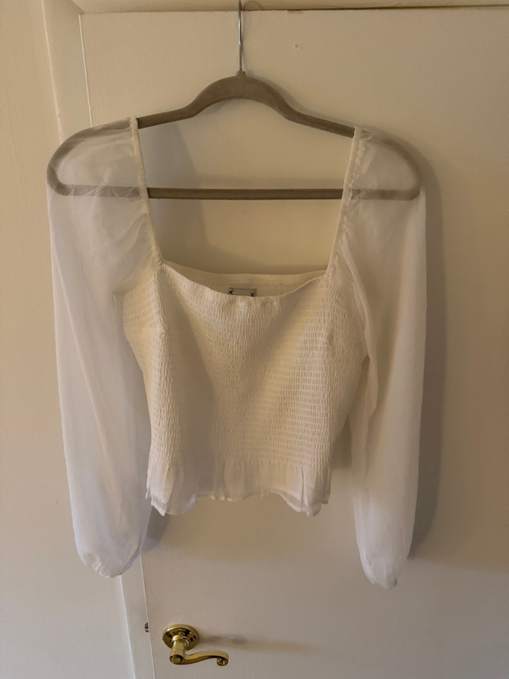 Hollister White Smocked Square-Neck Crop Top with Sheer Long Sleeves